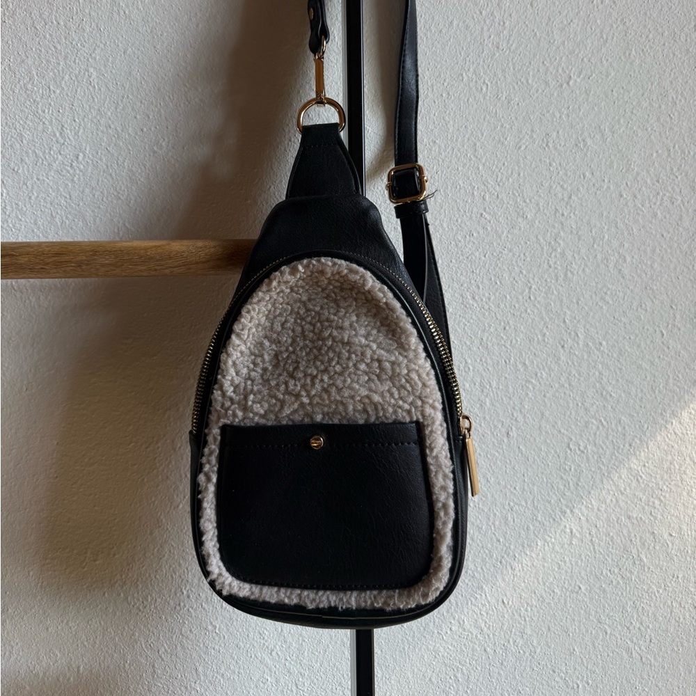 Black Faux Leather & Cream Sherpa Crossbody Sling Bag